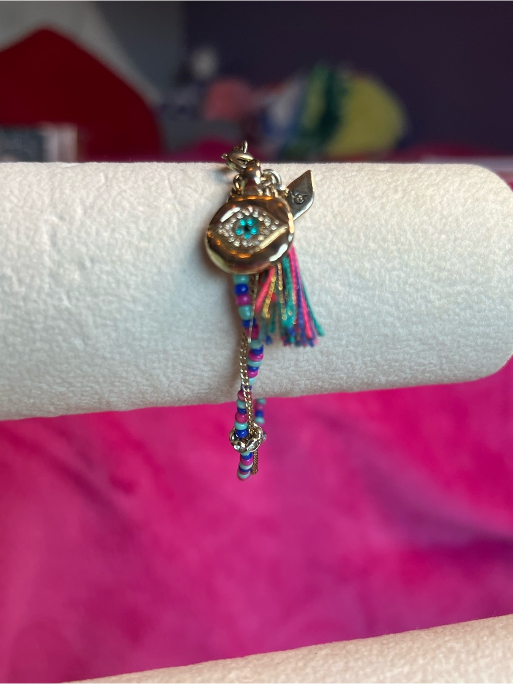 Gold-Tone Evil Eye Tassel Bracelet with Multicolor Beads